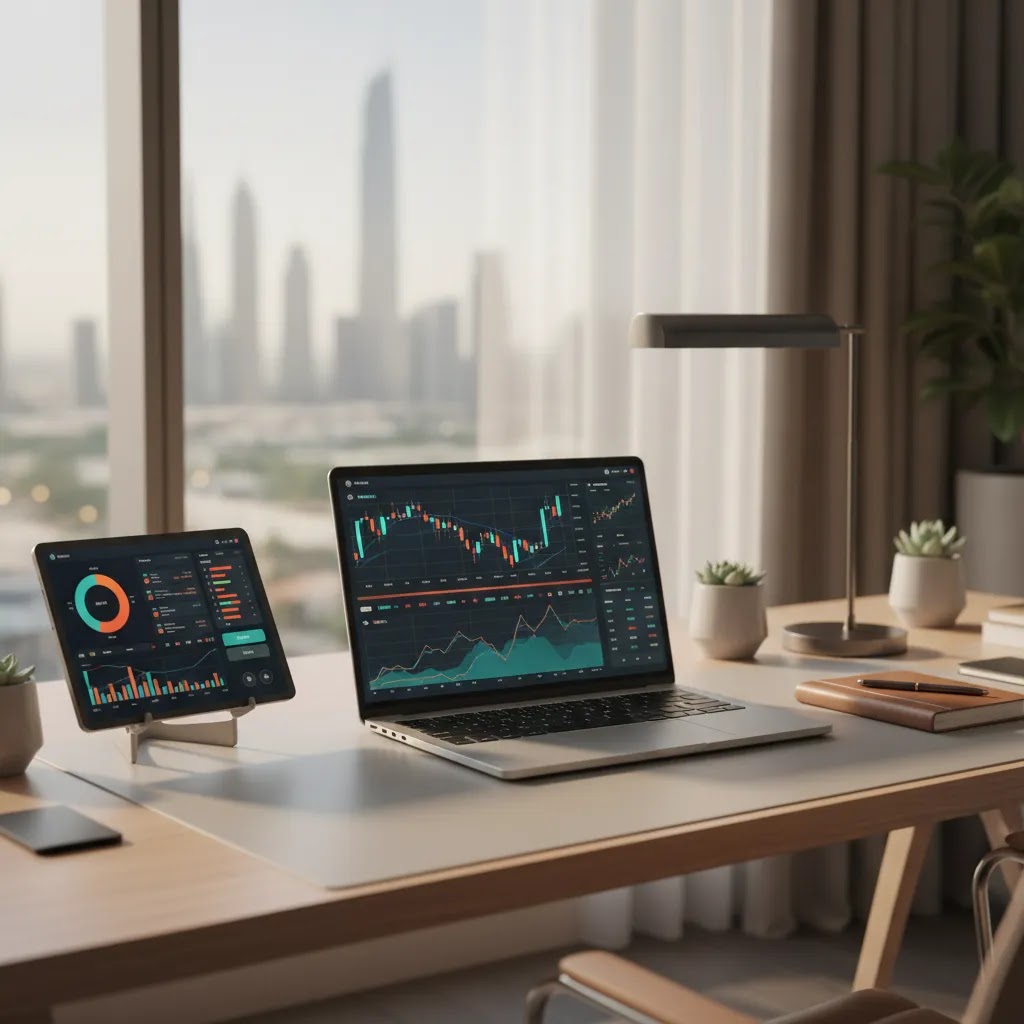 What is a trading platform hero image showing a modern online trading platform workspace with charts and portfolio screens