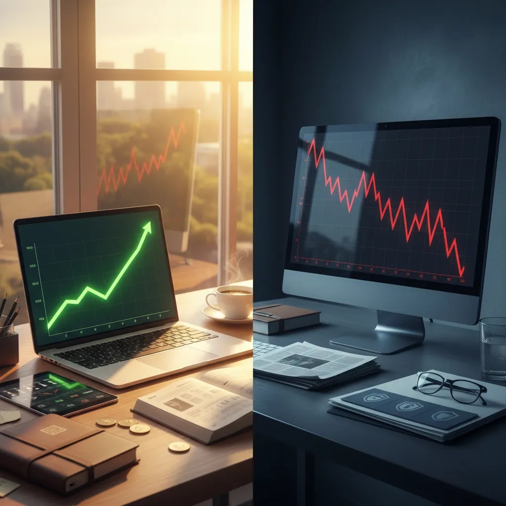 What is a bull market and bear market visual comparison with rising and falling charts