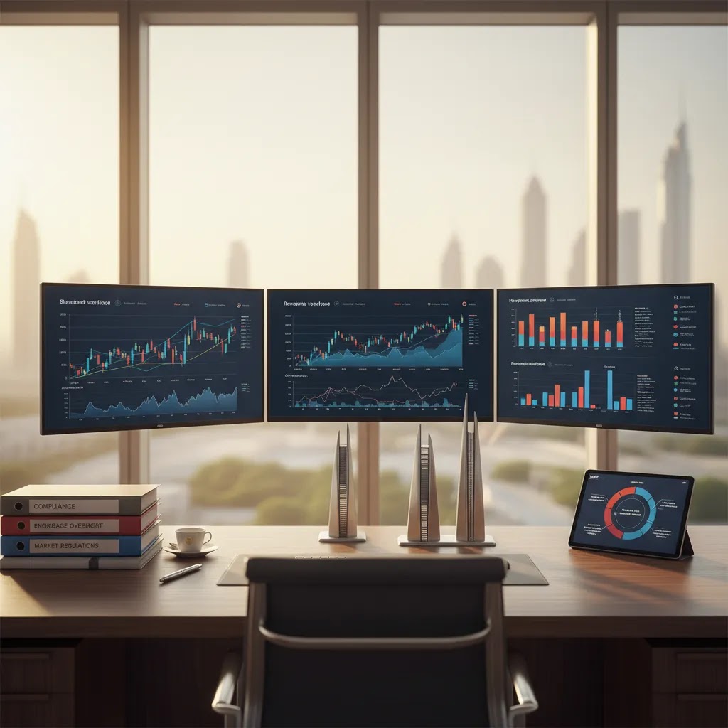 What SCA UAE regulates in capital markets and broker oversight shown in a professional financial workspace