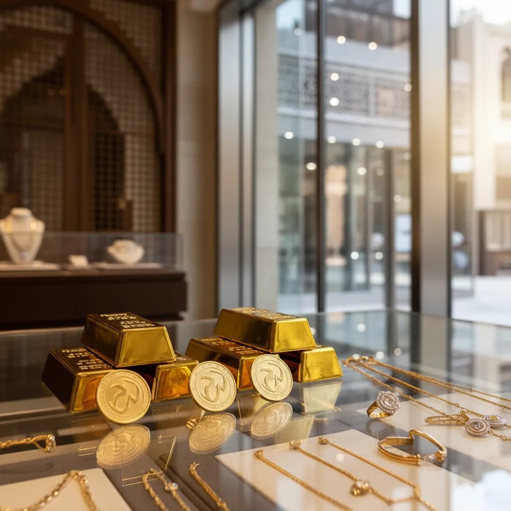 Where to buy gold in Dubai with gold bars, coins, and jewelry in a premium retail setting