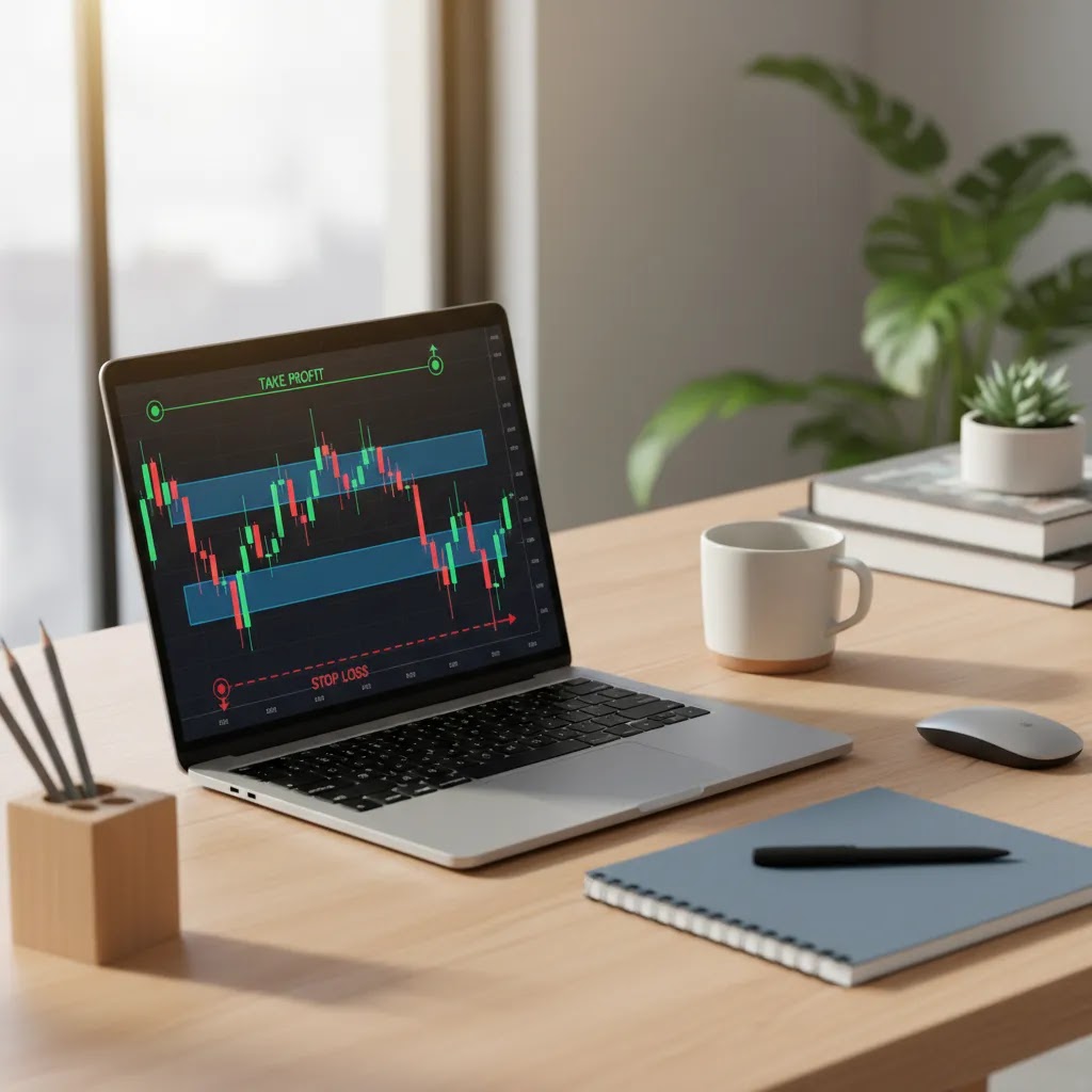 Where to place stop loss illustrated on a professional trading desk with chart showing stop loss placement and take profit levels